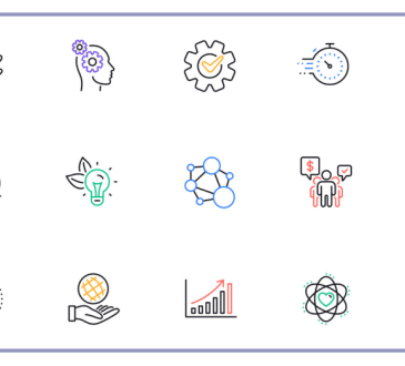 Science and business icons on white background