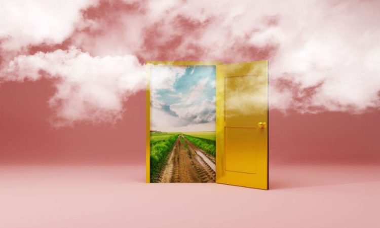 Illustration of door on pink background opened showing green field