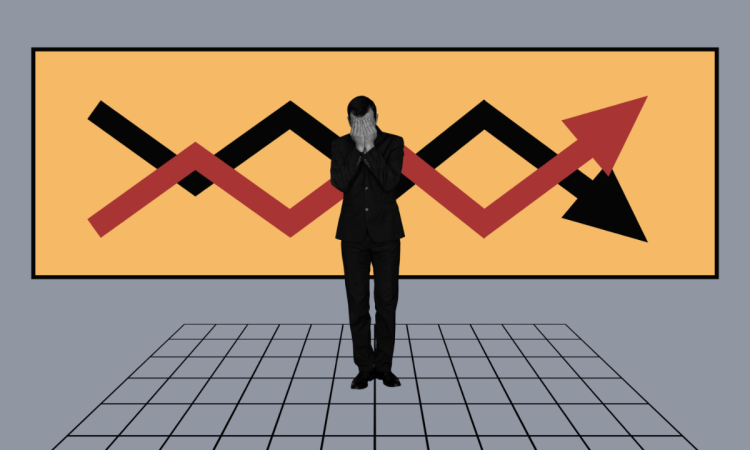Illustration of man with hands over face in front of stock charts