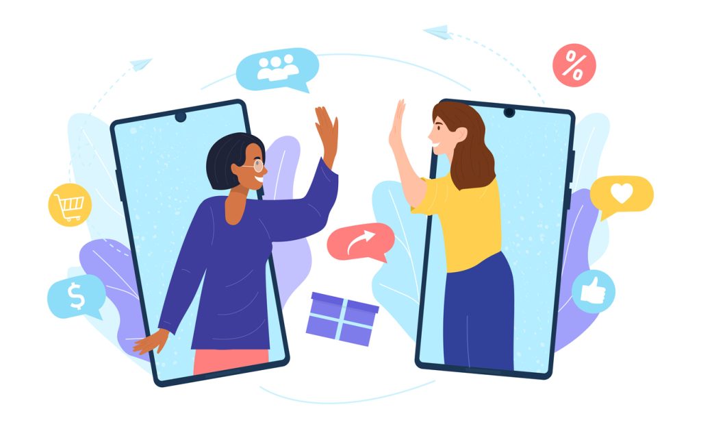 Illustration of two people popping out of phones waving at each other