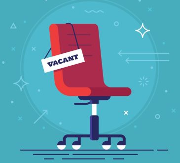 Illustration of red office chair with sign hanging off of corner reading "vacancy"