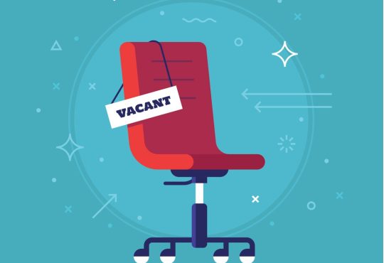 Illustration of red office chair with sign hanging off of corner reading "vacancy"