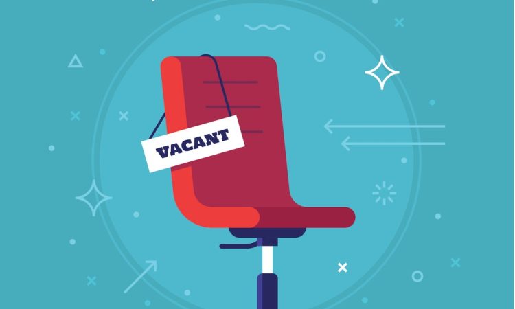 Illustration of red office chair with sign hanging off of corner reading "vacancy"