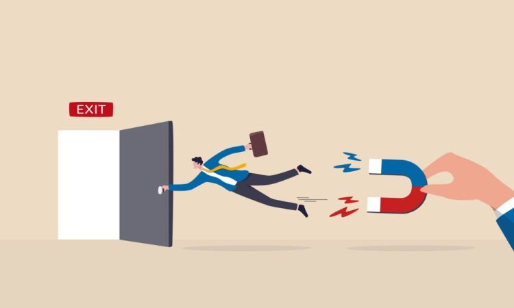 Illustration of person holding on to exit door handle with magnet pulling them back