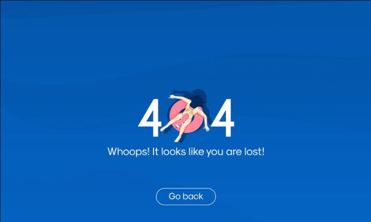 404 website error message with person floating in inner tube in place of 0