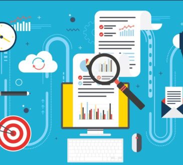 Illustration showing symbols of work, such as reports, target, cloud and magnifying glass