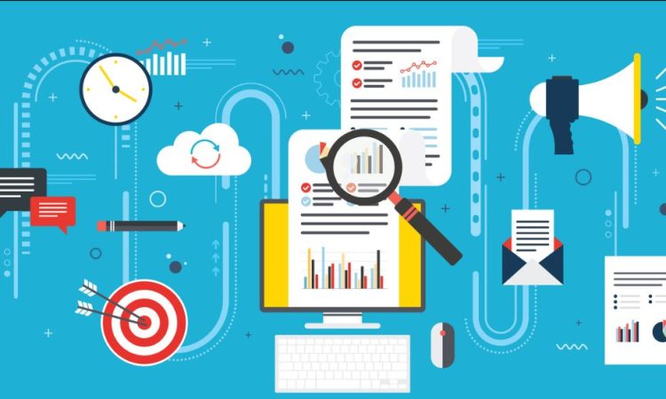 Illustration showing symbols of work, such as reports, target, cloud and magnifying glass