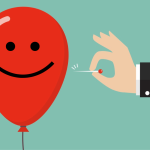 Illustration of hand about to prick red, smiley face balloon with pin