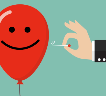Illustration of hand about to prick red, smiley face balloon with pin