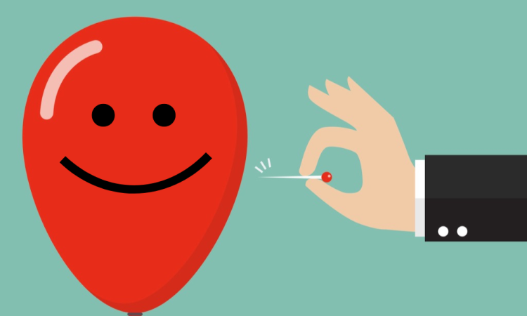 Illustration of hand about to prick red, smiley face balloon with pin