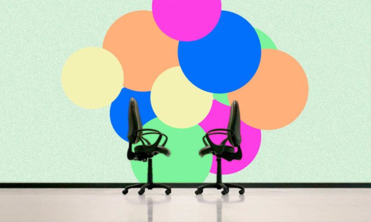 Two office chairs facing each other on illustrated background of colourful circles