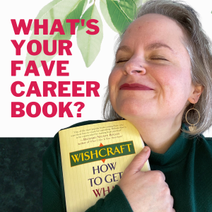 The article author, Anna, holds her favourite book under her chin, with her eyes closed and a slight smile. The text beside reads: "What's your favourite career book?"