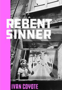 The book cover of Rebent Sinner. There is a vertical magenta rectangle running down the left side of the cover. The rest of the cover is a grayscale composite photograph, showing a little boy blowing bubbles out of the window of a house. Behind him in the window is a photo of a toboggan hill with people sledding.