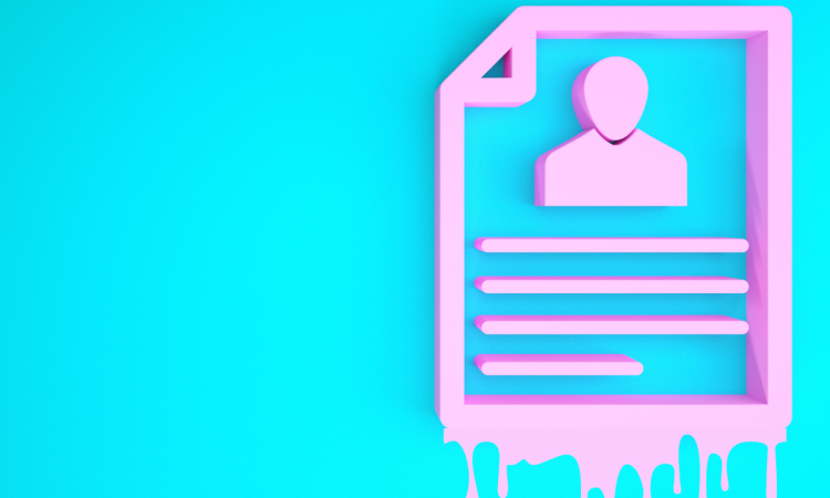 Bright blue background with vibrant pink line graphic of resume with drips coming off bottom.