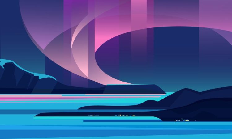 Illustration of Arctic landscape in blues and purples
