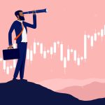 Illustration of man with binocular standing on hilltop with rising graph in background.