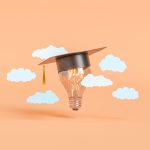 Photo illustration of lightbulb wearing graduation cap amid floating white clouds on peach background