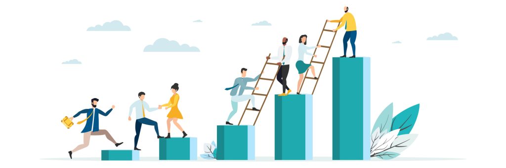 Illustration of people helping one another move from pillar to pillar using ladders
