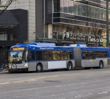 An Edmonton Transit Service double bus in downtown Edmonton.