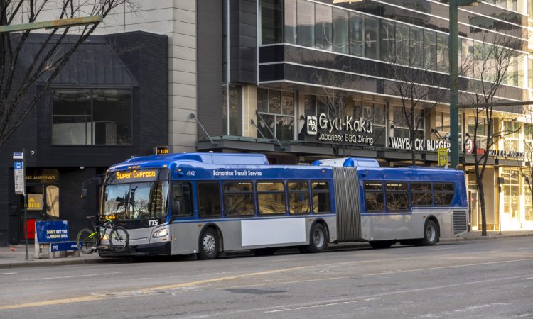 An Edmonton Transit Service double bus in downtown Edmonton.