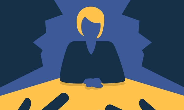 Illustration of woman sitting across table from two men in interview
