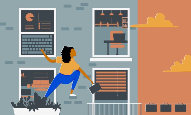 Illustration of woman climbing up outside of office building