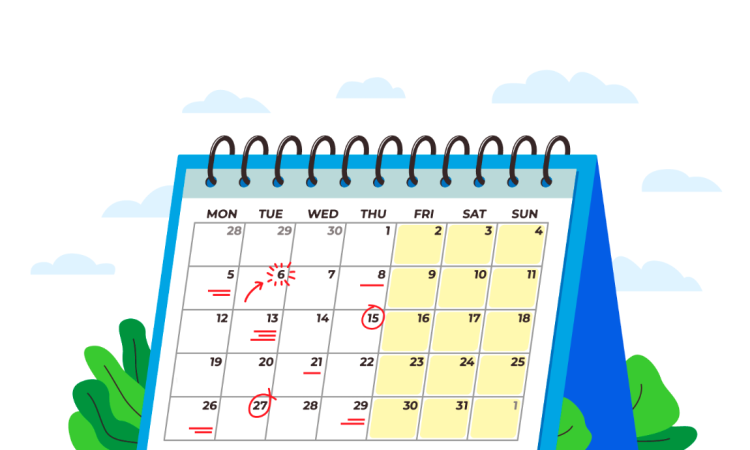 Illustration of calendar with some dates circled in red