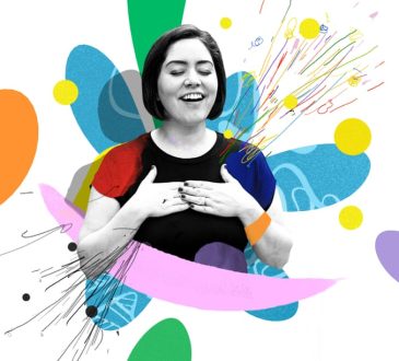 Photo illustration of woman with eyes closed, smiling, hands on her chest, surrounded by colourful geometric shapes