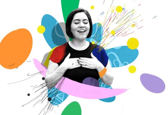 Photo illustration of woman with eyes closed, smiling, hands on her chest, surrounded by colourful geometric shapes