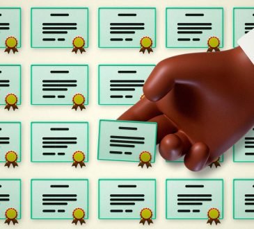 3D-style illustration of hand selecting diploma from wall of diplomas