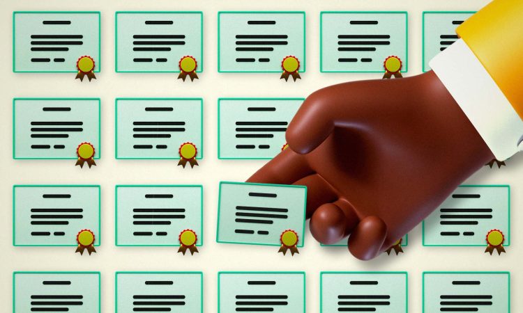 3D-style illustration of hand selecting diploma from wall of diplomas