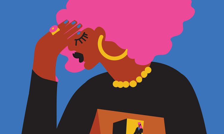 Illustration of woman with head in hands. Inset image over her chest shows woman entering office.