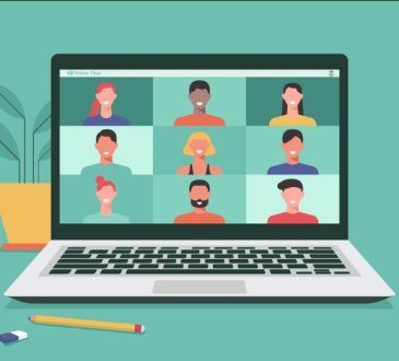 Illustration of video call grid on laptop screen