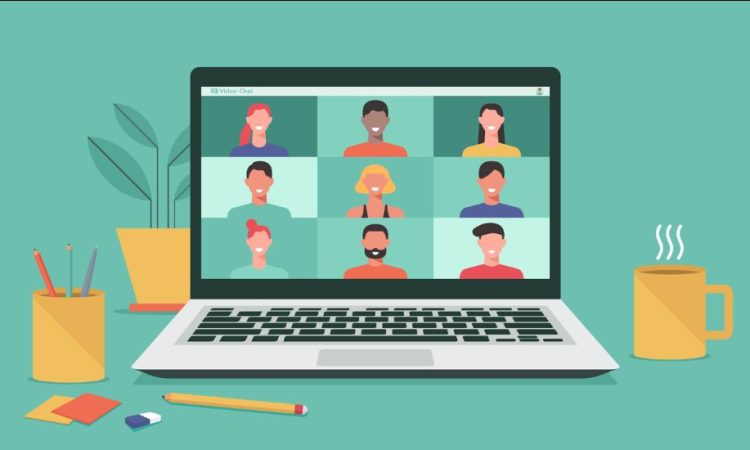 Illustration of video call grid on laptop screen