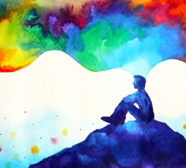 Watercolour painting of person sitting on hill with colourful cloud coming out of their head