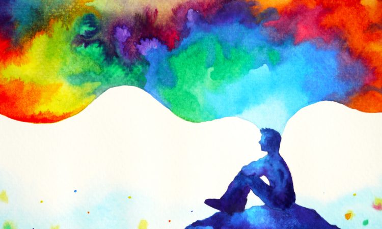 Watercolour painting of person sitting on hill with colourful cloud coming out of their head