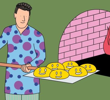 Illustration of person using pizza peel to put a bunch of smiley faces into a brick oven.