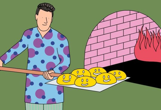 Illustration of person using pizza peel to put a bunch of smiley faces into a brick oven.