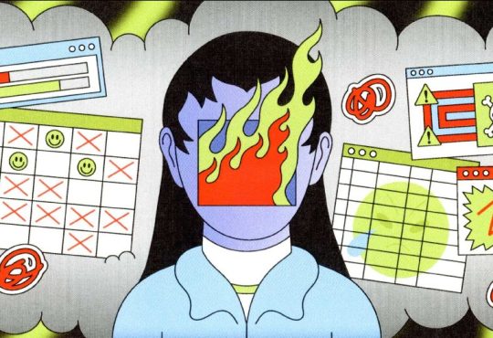 Illustration of person surrounded by calendars and timetables, with face on fire.