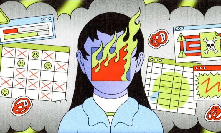 Illustration of person surrounded by calendars and timetables, with face on fire.