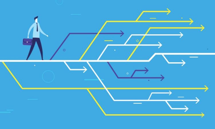 Illustration of person walking along line with many lines with arrows branching off of it