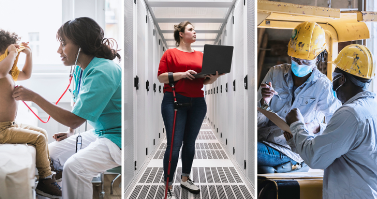 Three-panel photo: on left, doctor holds stethescope up to young boy's chest; middle: woman stands in white corridor holding laptop; right: two workers wearing yellow hardhats and blue jumpsuit consult