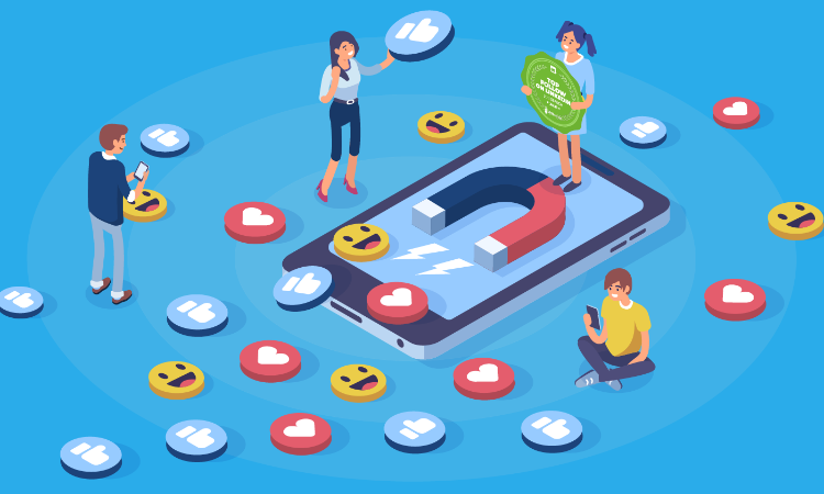 Illustration of people standing around human-sized tablet surrounded by social media reaction emojis