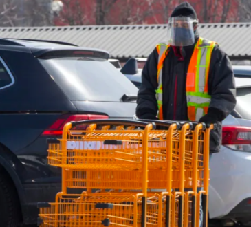 Worker wearing face shield pushing grocery carts in store parking lot