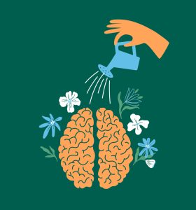 Illustration of hand holding watering can over brain, with flowers surrounding it