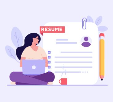 Illustration of woman sitting cross-legged with laptop in her lap, looking over her left shoulder at human-sized resume