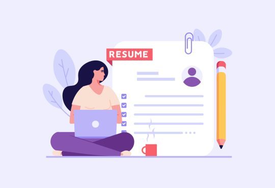 Illustration of woman sitting cross-legged with laptop in her lap, looking over her left shoulder at human-sized resume