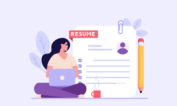 Illustration of woman sitting cross-legged with laptop in her lap, looking over her left shoulder at human-sized resume