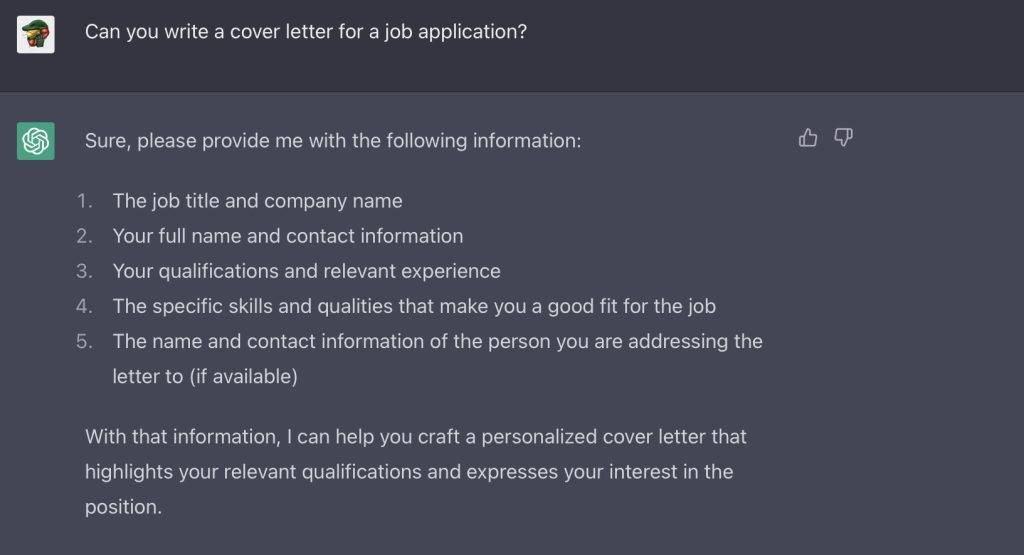 Screenshot of user asking ChatGPT if it can write a cover letter for a job application.