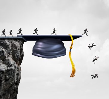 Illustration showing graduates walking across grad cap perched on cliff